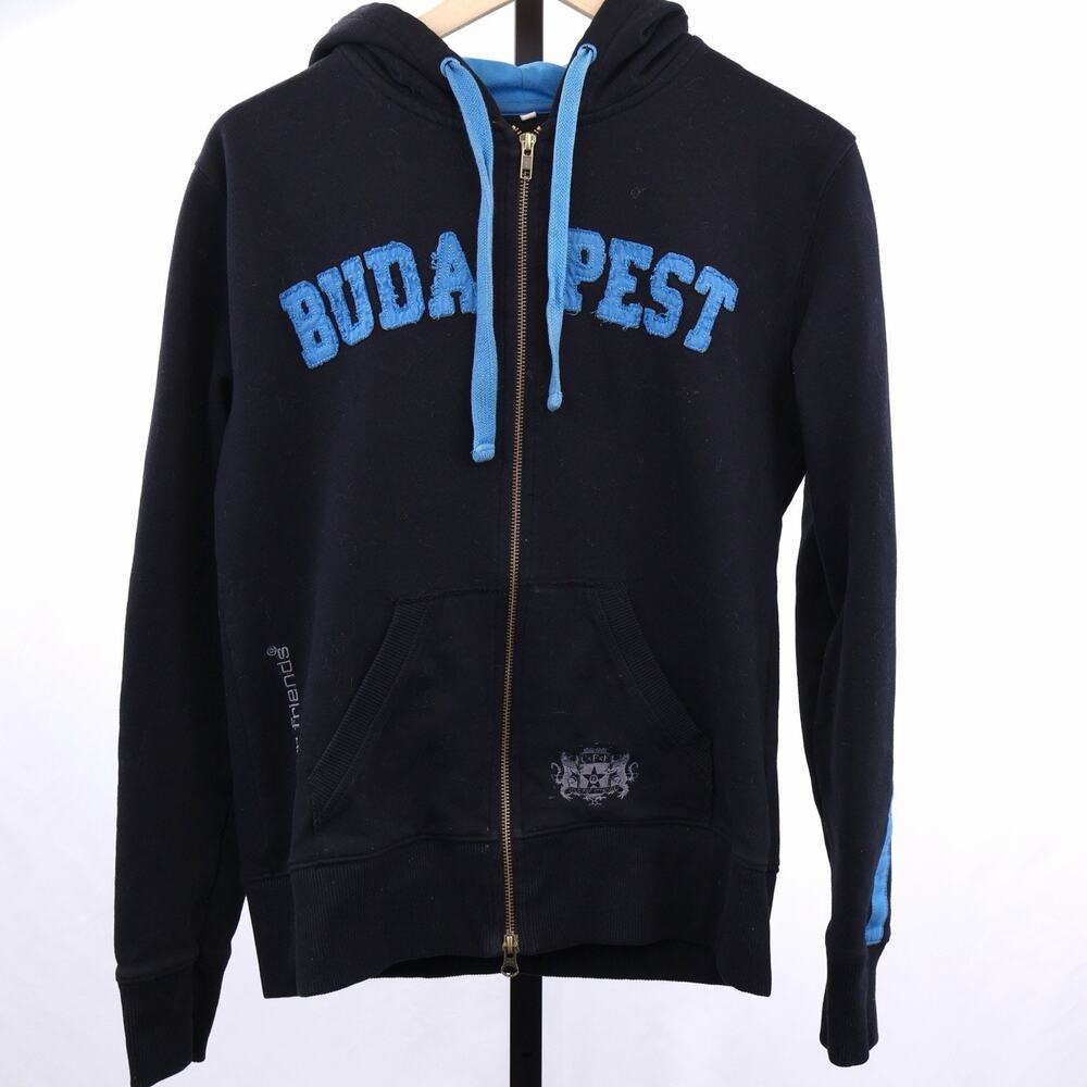 Cut for Friends Budapest Full Zip Hoodie Mens Large Black Blue Embroidered Y2K